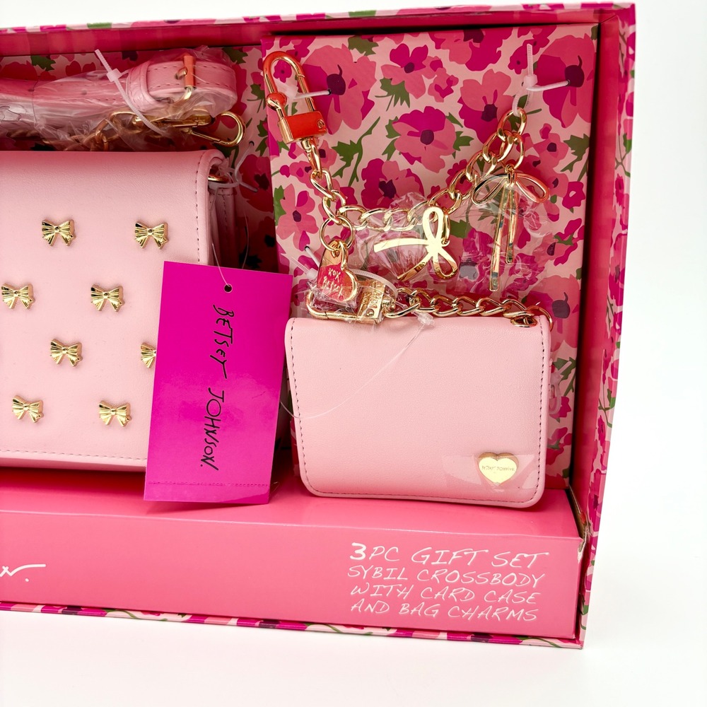 BETSEY JOHNSON Sybil Pink and Gold BOWS Crossbody Bag Wallet Bag Charms Set - Picture 3 of 6